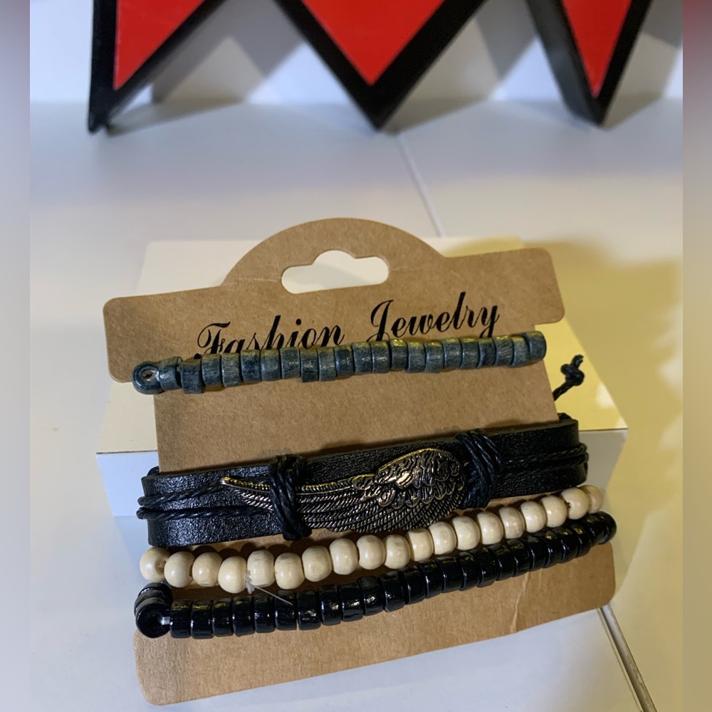 Black and Cream Beaded Bracelet Set (set of 4)
